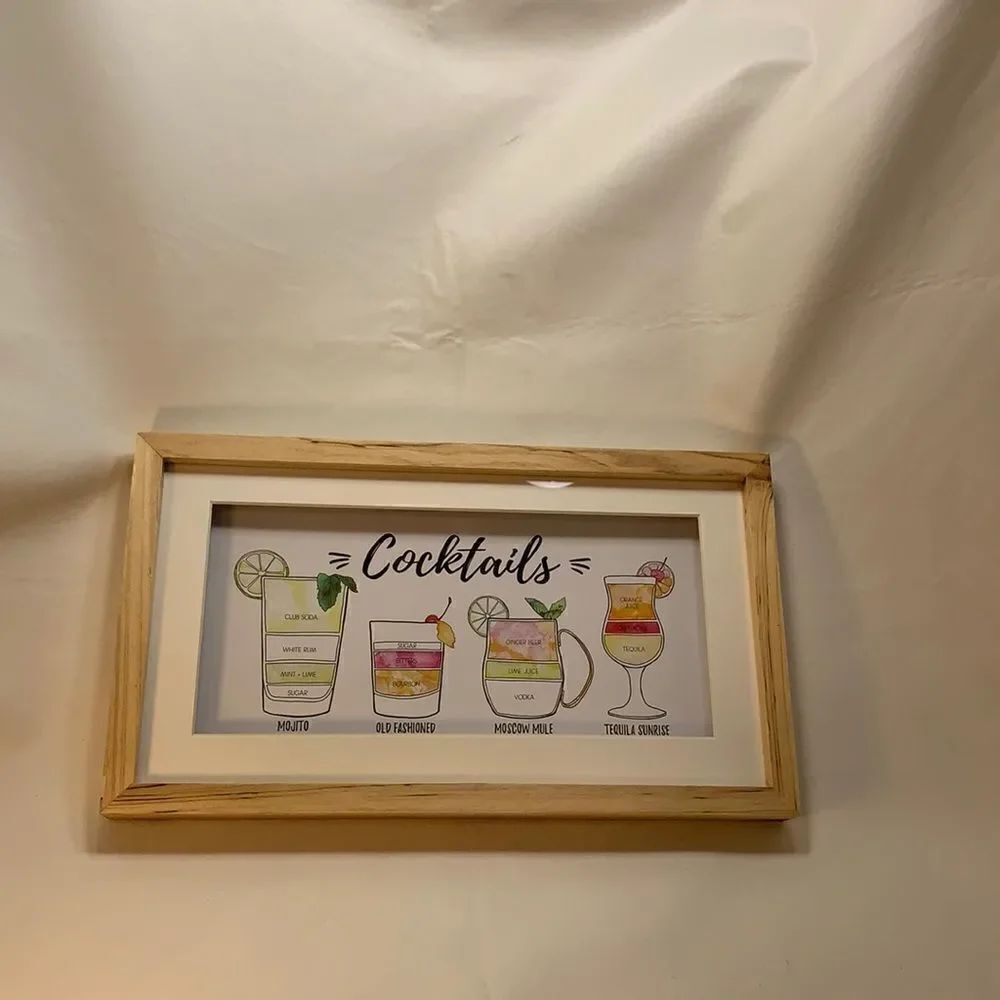Cocktails Mojito Tequila Old Fashioned Moscow Mule 8 X 14 Framed Art Blonde Wood